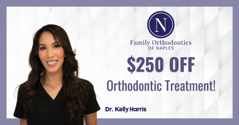 Graphic promoting $250 off orthodontic treatment at Family Orthodontics of Naples, featuring a picture of orthodontist Dr. Kelly Harris